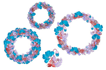 Watercolor flower wreaths. Blue poppies and delicate flowers, ferns and buds isolated on a white background, suitable for invitations, greeting cards and stickers