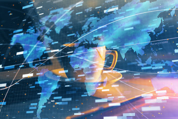 Obraz na płótnie Canvas Double exposure of desktop computer and technology theme hologram. Concept of software development.