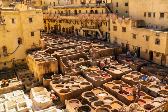 Panoramic view of tanneries of Fes, colour paint for leather, Morocco, Africa