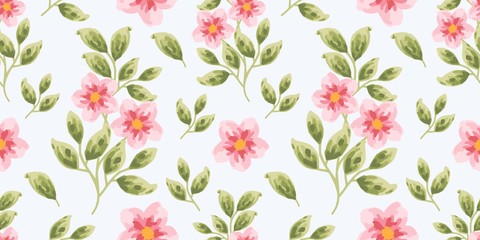 Flower seamless pattern with abstract floral branches with leaves, and blossom flowers. Vector nature illustration in vintage watercolor style on light blue background