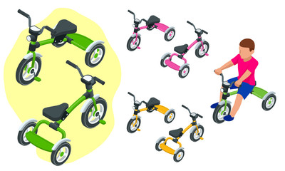 Isometric Children's tricycle isolated on white background. Baby balance bike.