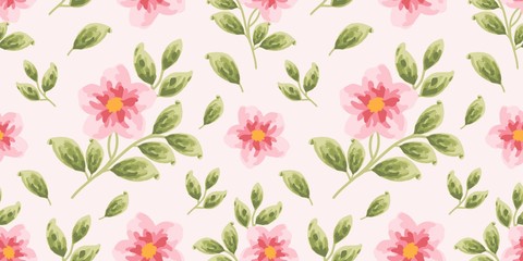 Fototapeta na wymiar Seamless pattern with rose flowers and leaves. Hand drawn repeat background. floral pattern for wallpaper or fabric. Pink rosa canina botanic tile.