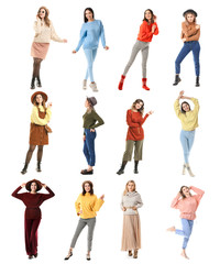 Collage with beautiful young women in warm sweaters on white background