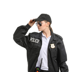 Female police officer on white background