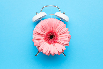 Creative alarm clock made with flower on color background