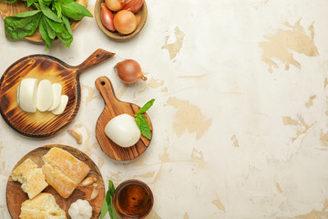 Fototapeta na wymiar Mozzarella cheese with bread and onion on white background