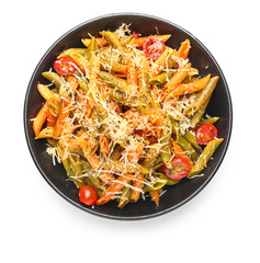 Plate with tasty pasta and cheese on white background