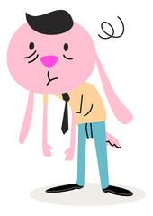 Vector cartoon rabbit, wearing working cloths and looking tired