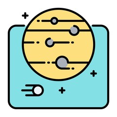 Planet with satellite icon in flat style. Cosmos, stars, space symbol. Galaxy, orbit sign.