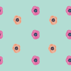 Seamless pink and orange flowers floral pattern. Stylish repeating texture. Teal background with pink flowers. Trendy. Botanical.