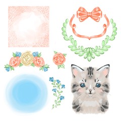 Beautiful and cute hand drawn kitty with a floral wreath