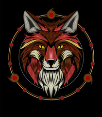 Obraz premium fox head logo with ornament background. APPAREL T-shirt design, print decoration.