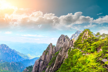 Beautiful Huangshan mountains natural landscape on a sunny day in China.