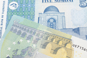 A close up image of a five Euro note from the European Union eurozone along with a five somoni note from Tajikistan