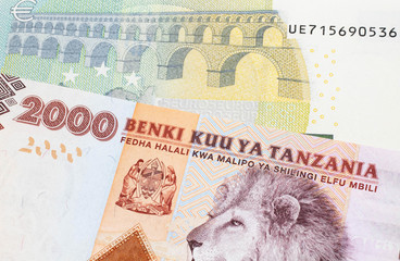 An orange and white two thousand Tanzanian shilling note with a blue and green euro note from the European Central Bank in macro