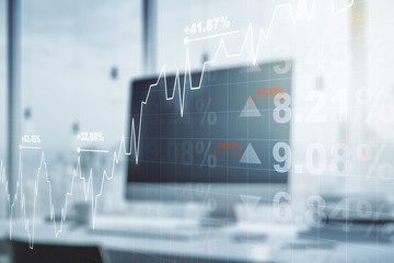 Double exposure of abstract creative financial chart on modern laptop background, research and strategy concept