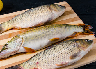 Uncooked fish on cutting board in meal preparation concept
