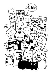Black and white Hand draw vector, Cat Characters set style doodles illustration coloring for children vector. - 329213783