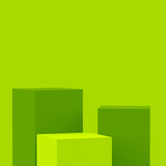 3d green cubes square podium minimal studio background. Abstract 3d geometric shape object illustration render. Display for food natural product.