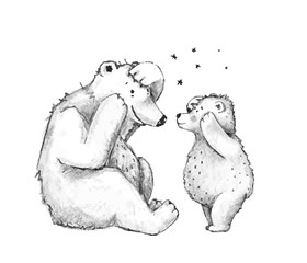 Teddy Bear mother or father with cub family playing game together black and white sketch cartoon.