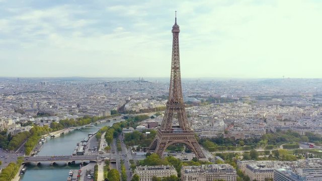 PARIS, FRANCE - MAY, 2019: Aerial drone view of Eiffel tower and historical city centre from above.