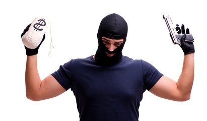 Robber wearing balaclava isolated on white