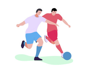 Two Cartoon Football Players in Uniform from Different Teams Running with Ball on Field. Soccer Duel Gameplay and Competition. Summer Sport and Championship. Vector Flat Isolated Illustration