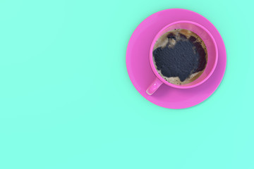 Pink coffee cup on blue background. Minimal concept style.