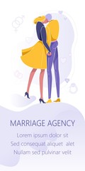 Obraz premium Marriage Agency Flyer Advertisement Flat Cartoon Vector Illustration. Woman and Man Holding Hands and Kissing. Couple Spending Time Together. Finding Love Partner. Search for Boyfriend or Girlfriend.