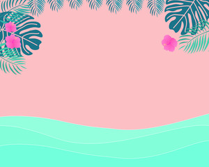 Summer beach design with bright blue arctic tropical beach on sand background layout banner.  View of the blue sea with pink flower, beach, tropical leaves. copy space. Vector illustration 