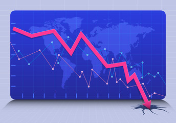 The pink arrow graph falling and breaking in the crack hole. The concept of the financial crash. Vector illustration.