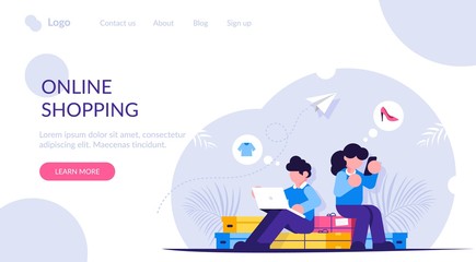 Online Shopping concept. Man and woman shop online using laptop and mobile phone. People are sitting on shopping boxes. Landing web page template.