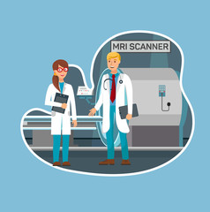 MRI Scanner in Hospital Flat Vector Illustration. Happy Doctors Cartoon Characters. Radiographer Talking to Therapist, Physician. Body Scanning Machine. Hospital, Clinic, first aid