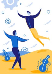 Two Men Office Workers Flying from Happiness Flat Cartoon Vector Illustration. Manager in Suit with Tie Standing among Growing Arrows and Gears. Characters Developing Business Outdoor.