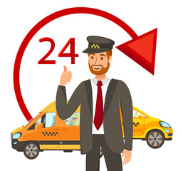 24 Hours Cab Booking Flat Vector Illustration. Happy Chauffeur in Uniform and Cap Showing Thumbs up Isolated Cartoon Character on White Background. Personal Driver. Transport Rental Design Element