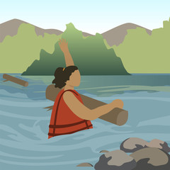 Woman Drowning in River Flat Vector Character. Ship Wreckage, Dangerous Situation, Accident. Girl Wearing Safety Vest, Raising Hand. Water Rescue and Search Service Training Illustration