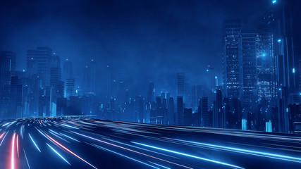 3D Rendering of warp speed in hyper loop with blur light from buildings' lights in mega city at night. Concept of next generation technology, fin tech, big data, 5g fast network, machine learning