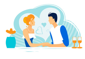 Romantic Couple in Love Dating in Restaurant. Man and Girl Sitting at Table Looking on each other, Holding Hands, Declaration of Love, Meeting, Nightlife in Bar or Pub Cartoon Flat Vector Illustration