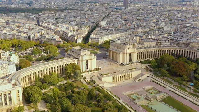 PARIS, FRANCE - MAY, 2019: Aerial drone view of the Chaillot palace and Trocadero garden near the Eiffel tower.