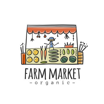 Farmer sell Organic Fruits and Vegetables on Local Market. Harvest Festival. Agriculture. Organic farming eco concept. Fresh products, locally grown and organic food. Simple sketch logo isolated on