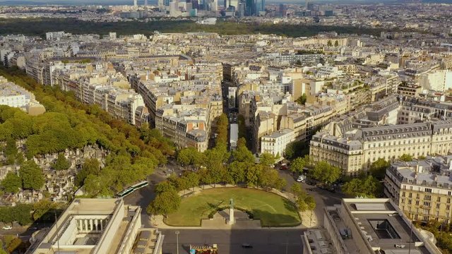 PARIS, FRANCE - MAY, 2019: Aerial drone view of the Chaillot palace and Trocadero garden near the Eiffel tower.