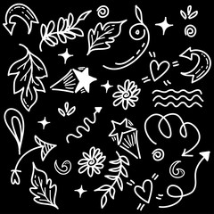 Fototapeta premium hand drawn set of abstract doodle elements. use for concept design. isolated on black background. vector illustration