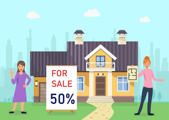 Obraz na płótnie Canvas Modern House for Sale Flat Cartoon Banner Vector Illustration. Woman Holding Plan on Paper. Real Estate Agency Showing Home. Agent Selling Building. Facade with Balcony. Discount for Apartment.