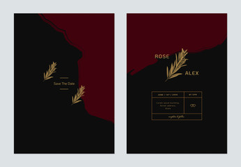 Minimalist wedding invitation card template design, bottle brush branches in gold and dark red tones