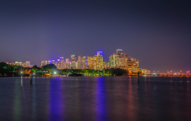 night city miami water skyline cityscape downtown buildings skyscraper architecture river sea sky sunset dusk prints blue shore