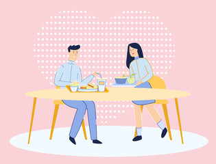 Teenagers Love and Friendship Relationships. Cute Couple - School Children or College Students Dating and Communicating in School Canteen Together in Lunch Time. Trendy Flat Vector Illustration.