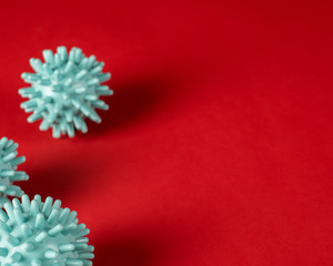 COVID-19 China pathogen respiratory coronavirus  flu outbreak 3D medical simulation. Representation of microscopic view of floating influenza virus cells.Red background with space for text