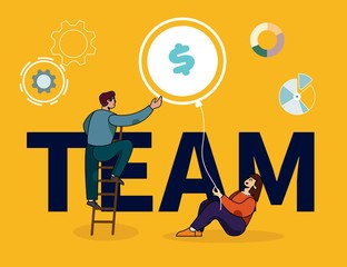 Team Lettering Flat Banner. Cartoon Male and Female People, Coworkers Collaborating Together, Working on Financial Profit and Business Success. Optimization and Development. Vector Illustration