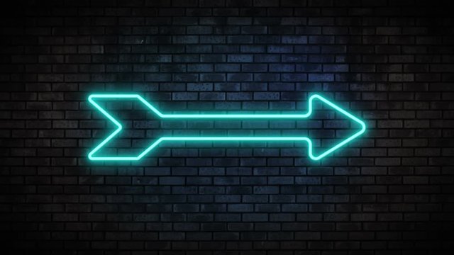 Neon frame arrow on brick wall. Night Club Bar Blinking Neon Sign. Motion Animation. Video available in 4K FullHD and HD render footage.