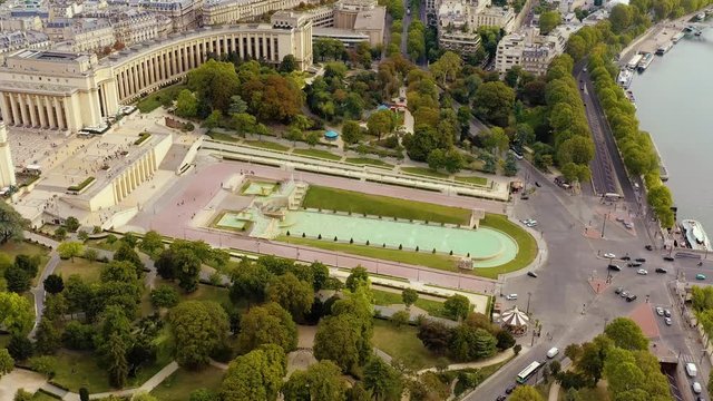 PARIS, FRANCE - MAY, 2019: Aerial drone view of the Chaillot palace and Trocadero garden near the Eiffel tower.